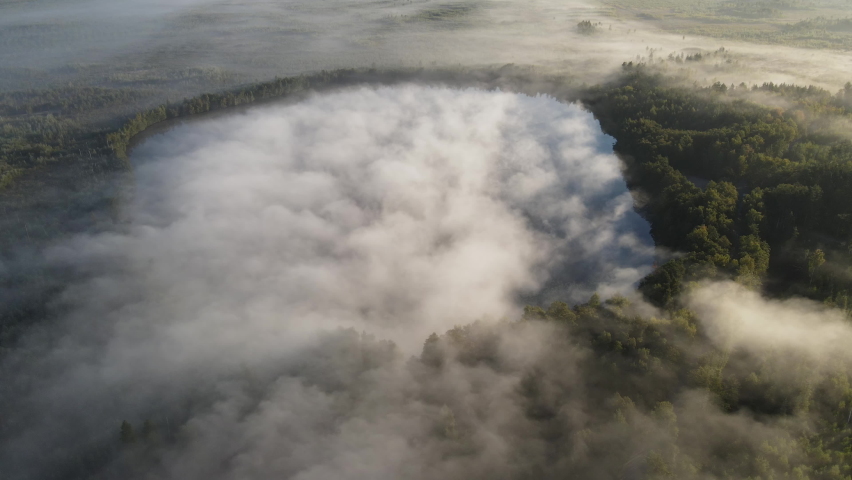 Foggy morning over a forest lake