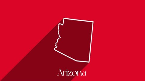 Animated line map showing the state of Arizona from the United State of America. USA. Arizona state lettering isolated on red background with shadow