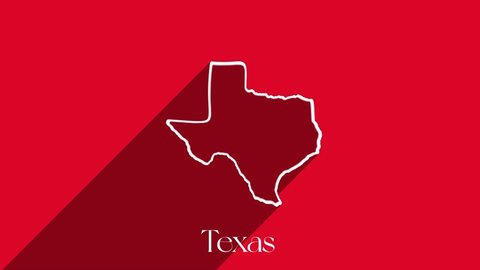 Animated line map showing the state of Texas from the United State of America. USA. Texas state lettering isolated on red background with shadow