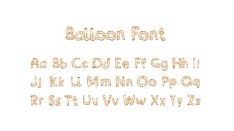 Inflation and deflation balloon font with capital and lowercase alphabet, 4k video, 3d rendering. Decoration helium or mylar typeface for banner, top view, isolated. Festival gold symbol template.