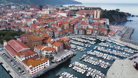 Aerial view of Bermeo famous fishing town in Basque country, Spain. High quality 4k footage