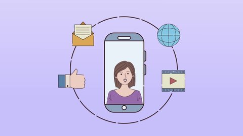 digital work animation with woman in smartphone in icons ,4k video animated