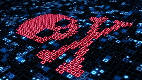 Computer digital database hacked showing skull and crossbones virus attack