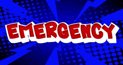 Emergency. Motion poster. 4k animated red Comic book word text changing red and blue color on abstract comics background. Retro pop art style.