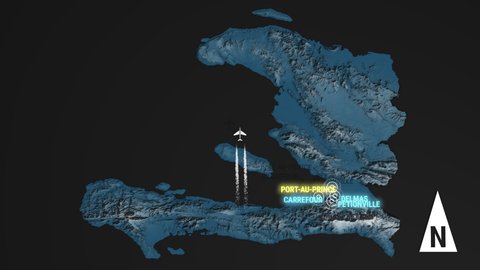 Seamless looping animation of the 3d terrain map at nighttime of Haiti with the capital and the biggest cites in 4K resolution