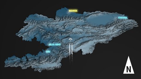Seamless looping animation of the 3d terrain map at nighttime of Kyrgyzstan with the capital and the biggest cites in 4K resolution