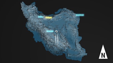 Seamless looping animation of the 3d terrain map at nighttime of Iran with the capital and the biggest cites in 4K resolution