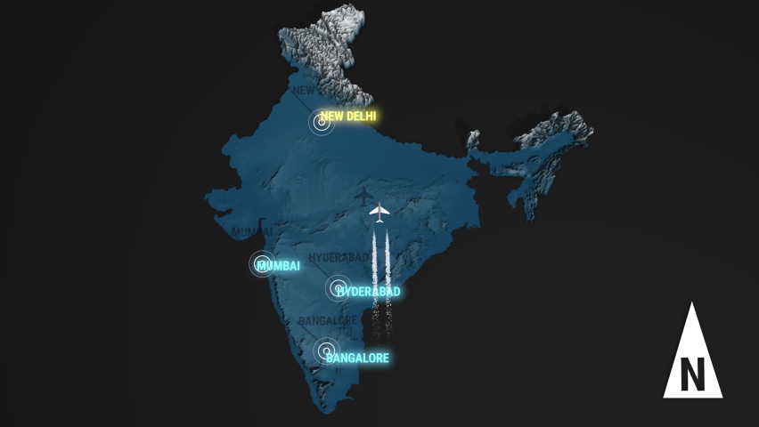Seamless looping animation of the 3d terrain map at nighttime of India with the capital and the biggest cites in 4K resolution