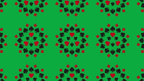Green background with creative gambling concept animated rosette with playing card symbols (Diamonds, Clubs, Hearts, and Spades). Creative gambling concept animation