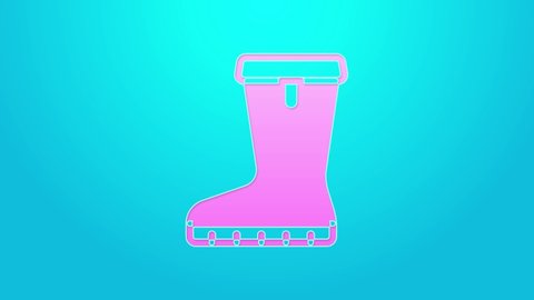Pink line Waterproof rubber boot icon isolated on blue background. Gumboots for rainy weather, fishing, gardening. 4K Video motion graphic animation.