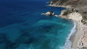 Aerial drone view of sea and sandy beaches and at summer. Ionian sea in Ksamil, Albania. Coastline.