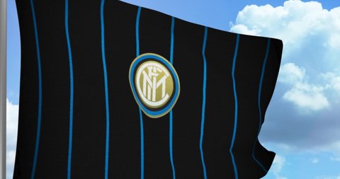 New York, USA - 28 September 2021: Inter Milan soccer team waving flag, football club logo, Illustrative Editorial