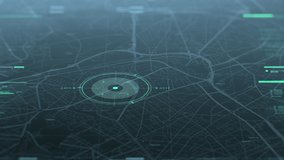 Security spy program interface. Dynamic modern HUD. GPS location tracking or scanning futuristic software. Marker, indicator moving on the map. Satellite view. Hi-tech. 3D Render 4K animation concept - Powered by Shutterstock - Get 15% off with code: PIKWIZARD15