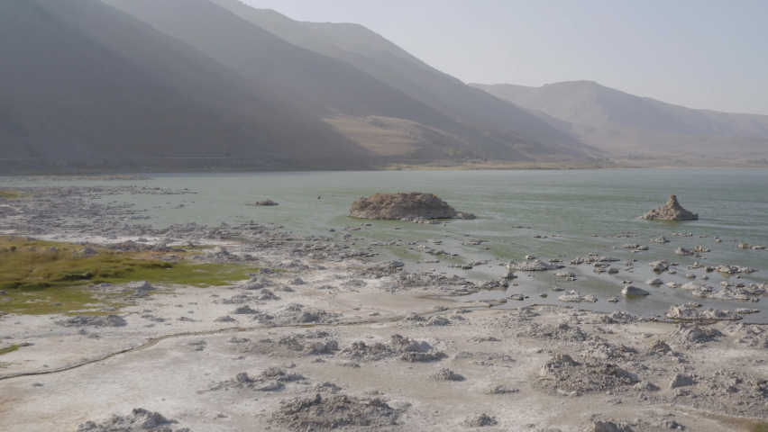 Flying over the shore of Mono Lake in California.