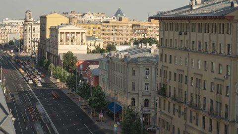Time lapse. Cars are in a traffic jam on Tverskaya Street during the day. Very heavy car traffic at the end of the working day on Tverskaya street in Moscow