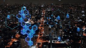 Digital transformation. Data processing. Data security. Futuristic night scape in downtown city with futuristic  digital transformation animated graph. Innovation. Cyber security. Cloud computing. - Powered by Shutterstock - Get 15% off with code: PIKWIZARD15