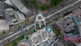 Top dowm view of traffic at downtown city with futuristic cyber security animated graph. Future city. Smart city. Cyber security. Data security. Power data processing. Innovation technology. - Powered by Shutterstock - Get 15% off with code: PIKWIZARD15