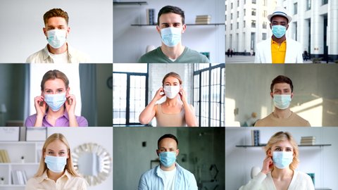 Young people taking off their blue medical mask. Young smiling people taking off their mask indoors. Smiling people without mask