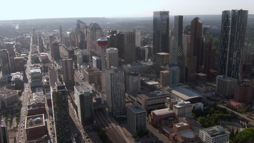 Aerial view of architectural landmark Calgary Tower and high rise office buildings in downtown Calgary, Alberta, Canada. 