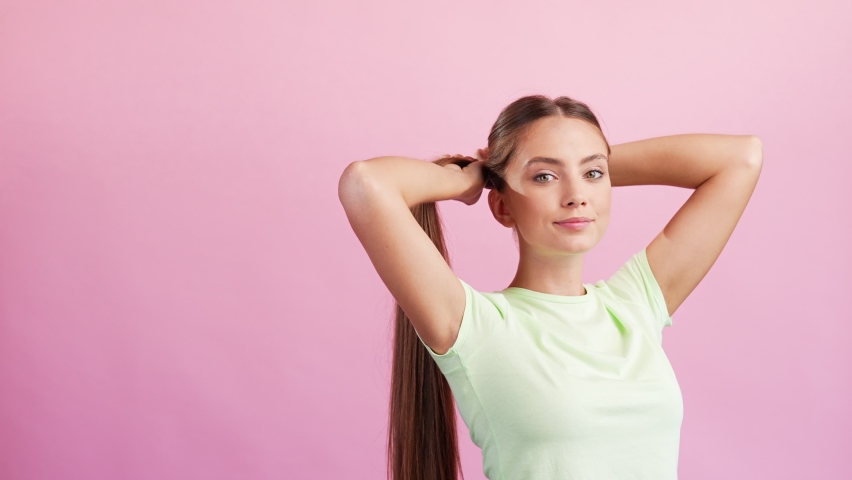 Carefree girlfriend enjoy new shampoo throw hair slow motion show keratin effect | Shutterstock HD Video #1079840567