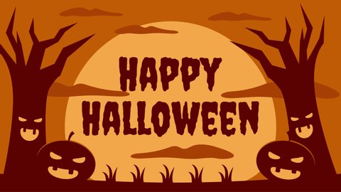 Animated Halloween Background with Happy Halloween Text, Silhouette of Pumpkin Head and Creepy Tree. Suitable to use as title, video intro and other content with Halloween theme.