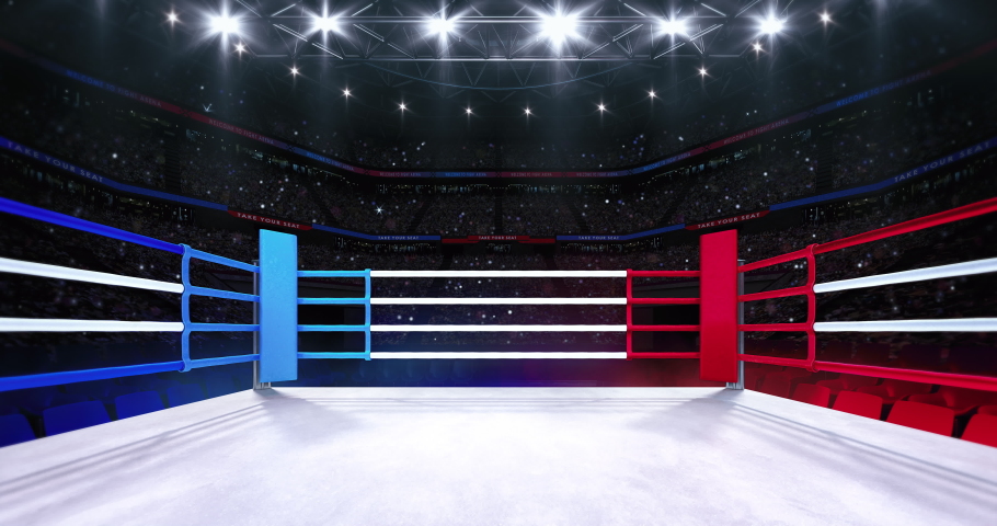 In the boxing ring. Animation of sport arena with fans and shining spotlights. Indoor sport 4k video background. Royalty-Free Stock Footage #1079844767