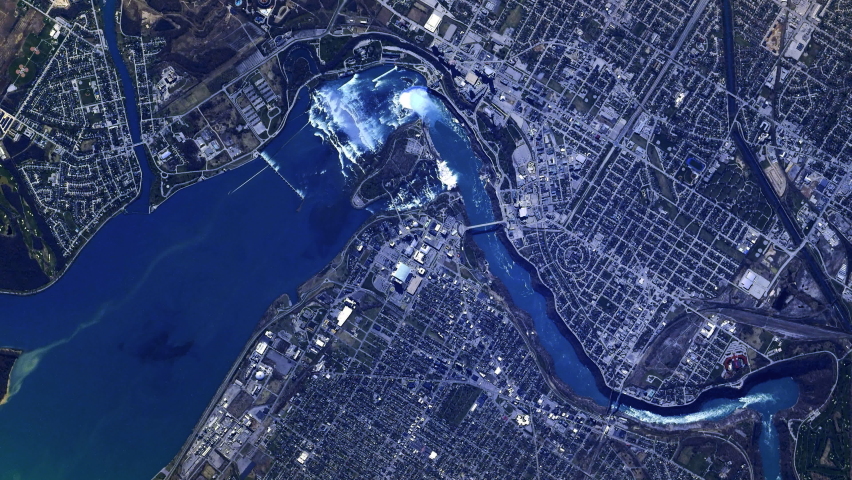 Niagara falls aerial satellite view, sunrise animation based on images furnished by Nasa
