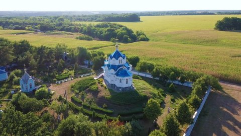 Aerial view to Saviour-Transfiguration (Spaso-Preobrezhanskiy) Mhar (Mgar) Monastery, Ukrainian Orthodox Church, near Lubny in Poltava region, Ukraine