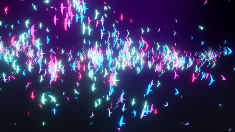 3D animation of glowing Crowd of birds behaviour, Flocking boids simulation. Swarm formation. 3d render