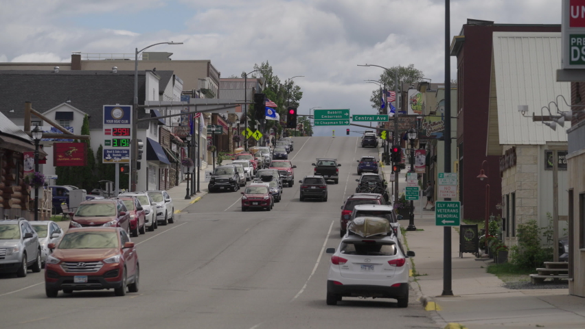 Main Street traffic in Ely, Minnesota during Summer.
