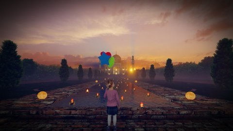 Girl With Colorful Balloons And Candels Floating In Front Of Taj Mahal Against Magical Sunrise