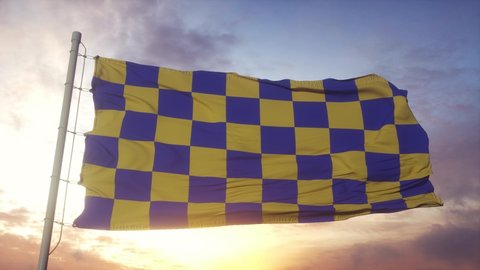 Surrey flag, England, waving in the wind, sky and sun background