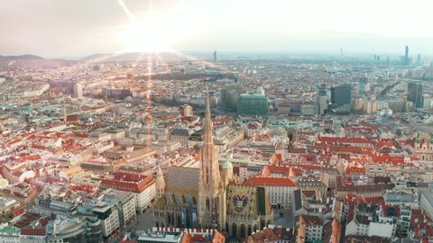 Vienna aerial skyline at sunset. Stephen's Cathedral, its history and its significance for Vienna and Austria