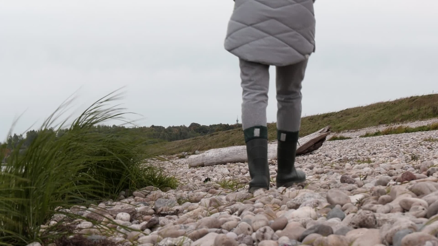 A Woman Walks on the Shore of a Lake In Windy and Cold Autumn Weather.