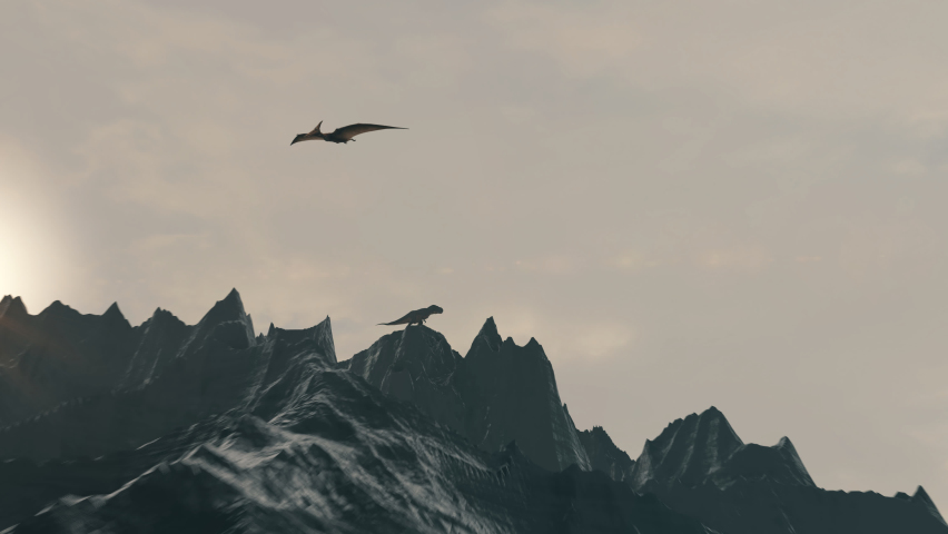 Pterodactyl flying in the sky and T-rex Tyrannosaurus roaring on mountain's cliff. Animation of dinosaurs in the Mesozoic era Royalty-Free Stock Footage #1079872175