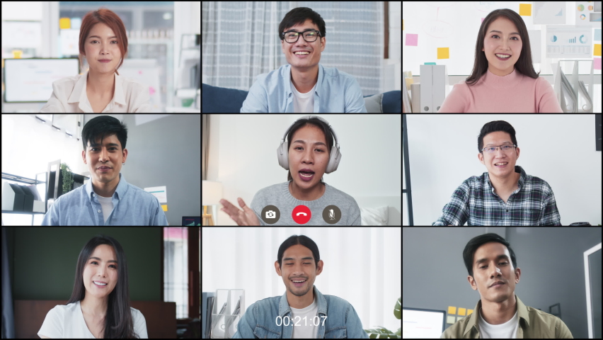 Group of young Asian business people, office coworker on video online conference call, remote team meeting. Work from home, internet communication technology, coronavirus social distancing lifestyle | Shutterstock HD Video #1079872718