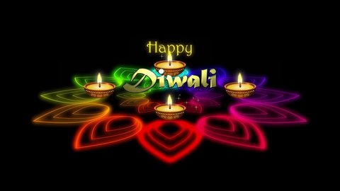 Diwali or Deepavali animation with oil lamps, 3D gold greeting, rangoli pattern celebrating the Hindu festival of lights. Celebrated in the Indian communities. Associated with the Goddess Lakshmi