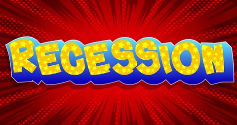 Recession. Motion poster. 4k animated red Comic book word text moving back and forth on abstract comics background. Retro pop art style.