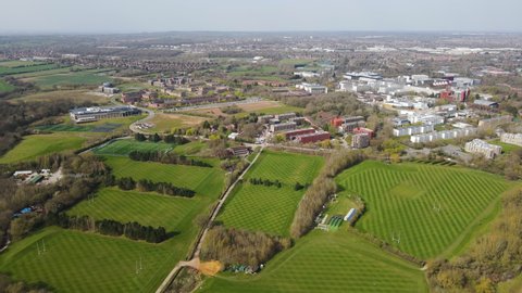 Coventry , United Kingdom (UK) - 06 07 2021: Drone footage of Warwick University campus in Coventry, England