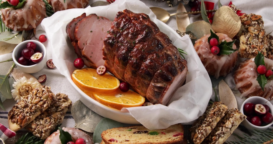 Christmas background, video, holiday dinner on  dark background, rotate | Shutterstock HD Video #1079879441