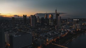 Establishing Aerial View Shot of Frankfurt am Main De, financial capital of Europe, Hesse, Germany, night evening dusk, late sunset, moody push in