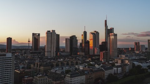 Golden Sunset, Establishing Aerial View Shot of Frankfurt am Main De, financial capital of Europe, Hesse, Germany, long low push back