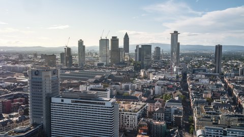 Establishing Aerial View Shot of Frankfurt am Main De, financial capital of Europe, Hesse, Germany, day, slow push