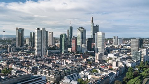 Establishing Aerial View Shot of Frankfurt am Main De, financial capital of Europe, Hesse, Germany, day, orbiting
