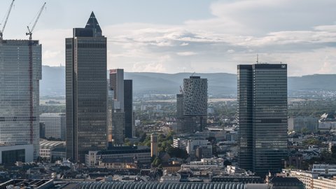 Establishing Aerial View Shot of Frankfurt am Main De, financial capital of Europe, Hesse, Germany, day, skyscrapers and train station