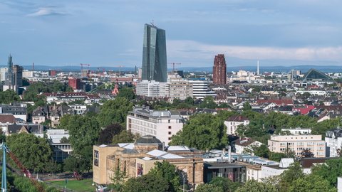 Establishing Aerial View Shot of Frankfurt am Main De, financial capital of Europe, Hesse, Germany, day, sunny