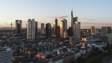 Golden Sunset, Establishing Aerial View Shot of Frankfurt am Main De, financial capital of Europe, Hesse, Germany, track back