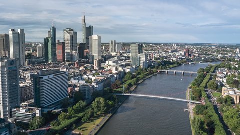 Establishing Aerial View Shot of Frankfurt am Main De, financial capital of Europe, Hesse, Germany, day, into the city