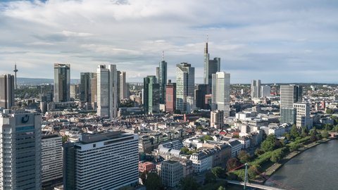 Establishing Aerial View Shot of Frankfurt am Main De, financial capital of Europe, Hesse, Germany, day, slow in