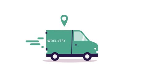 Delivery van Animation video. Cartoon running green delivery truck desing.Animated van delivering postal boxes. Animation of post service vehicle.